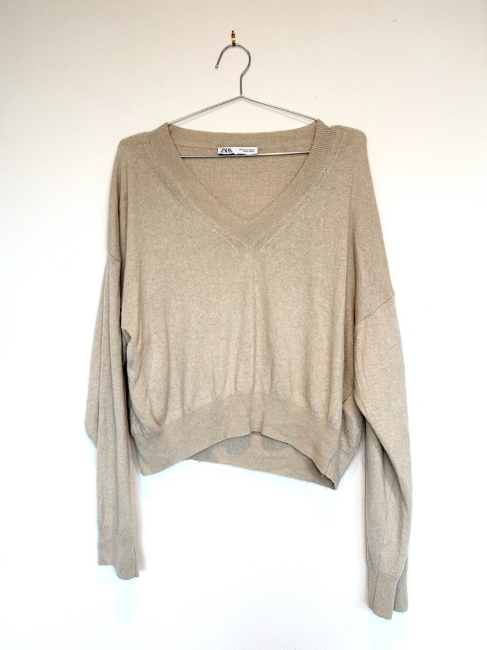 zara lightweight v neck knit - cashmere wool blend oatmeal sweater beige XL euc